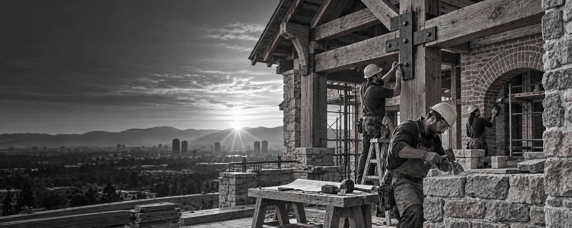 Construction crew building a stone structure